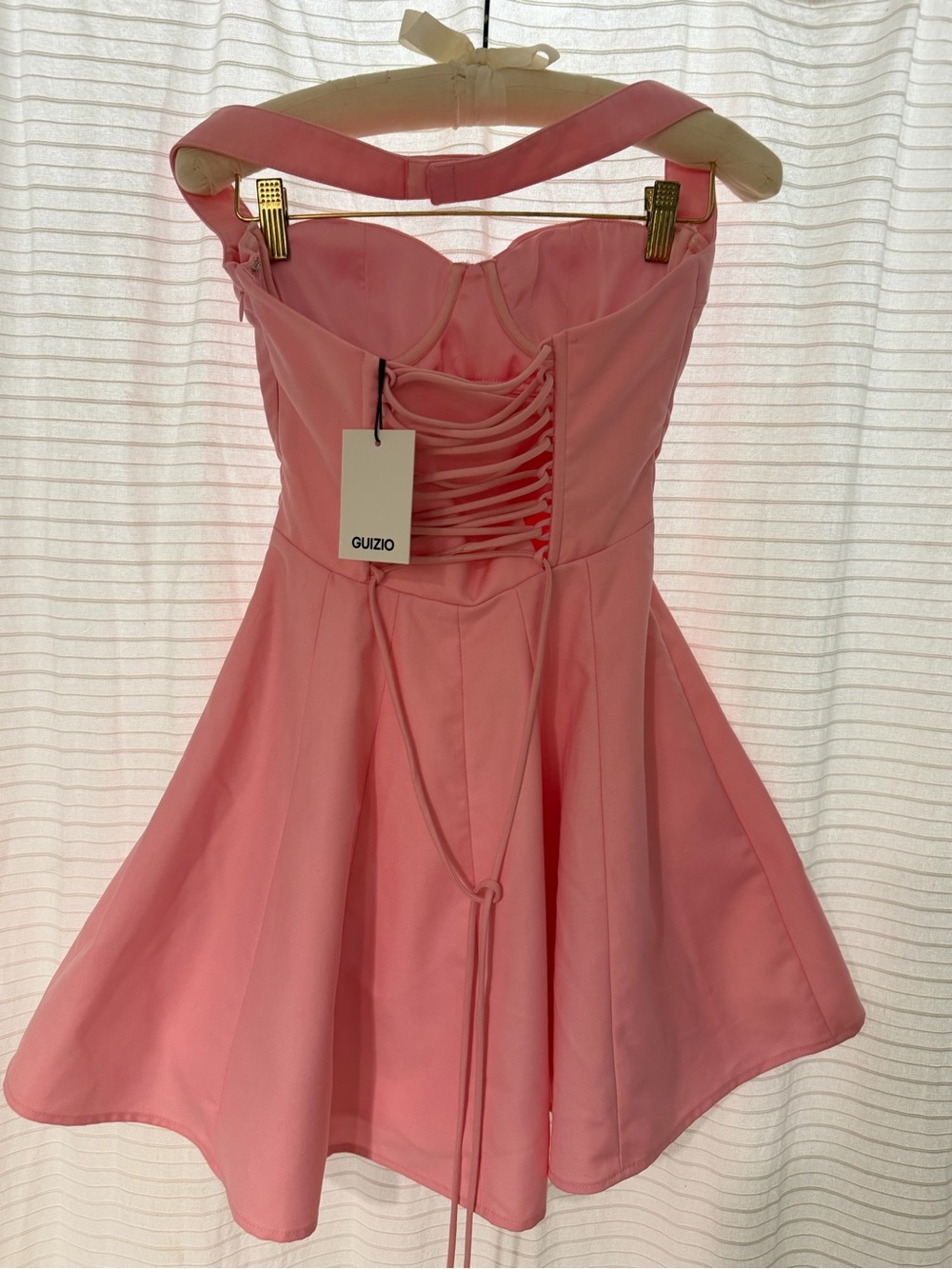Guizio Pink Strapless Lace-Up Mini Dress